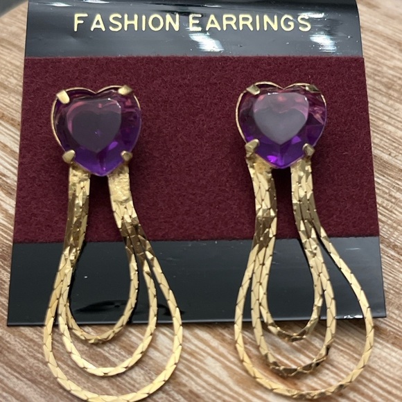 NWT Fashion Earrings Heart Romance Drop Dangle Earrings - Purple and Gold - Picture 2 of 4